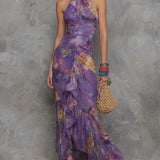 Adalynn - Elegant Purple Floral Chiffon Halter Maxi Dress