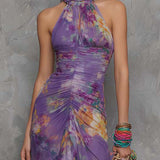 Adalynn - Elegant Purple Floral Chiffon Halter Maxi Dress