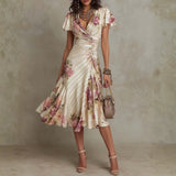 Daphne - Elegant Retro Floral Satin Midi Dress