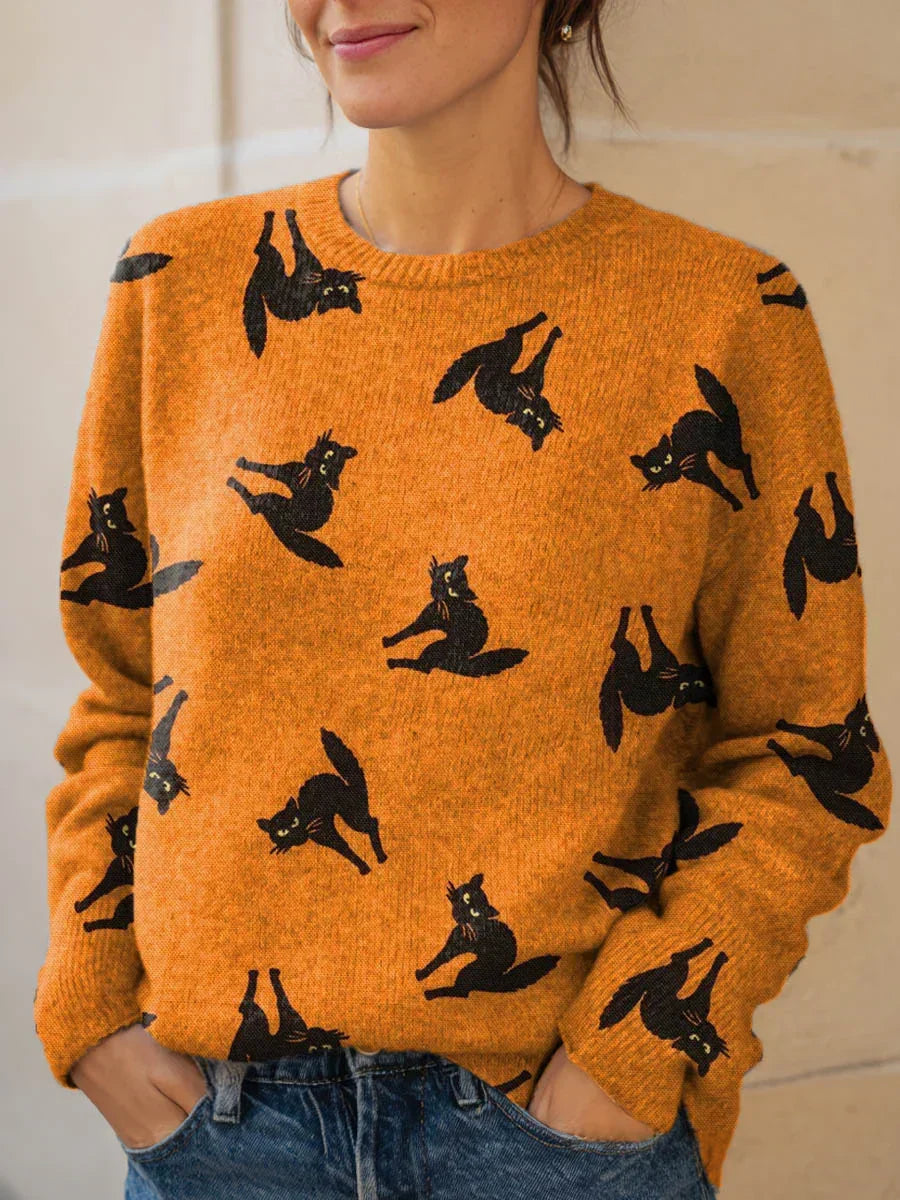 Clementine | Lovely Halloween-Inspired Cats Art Print Knit Pullover Sweater