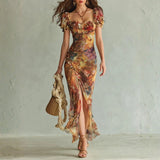 Aria - Long orange chiffon dress with bohemian-style oil painting print