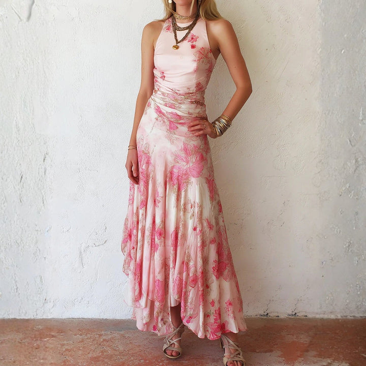 Alexandra - Pink Floral Chiffon Pleated Print Sleeveless Midi Dress