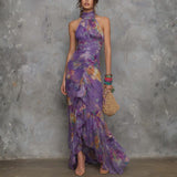 Adalynn - Elegant Purple Floral Chiffon Halter Maxi Dress