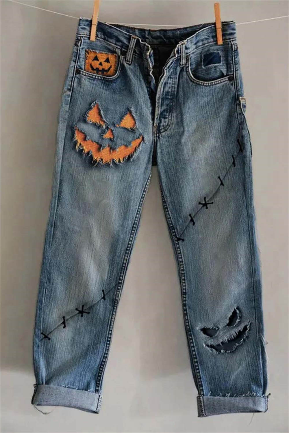 Eliana | Halloween-Inspired Blue Pumpkin Print Mid Waist Ankle Length Pants