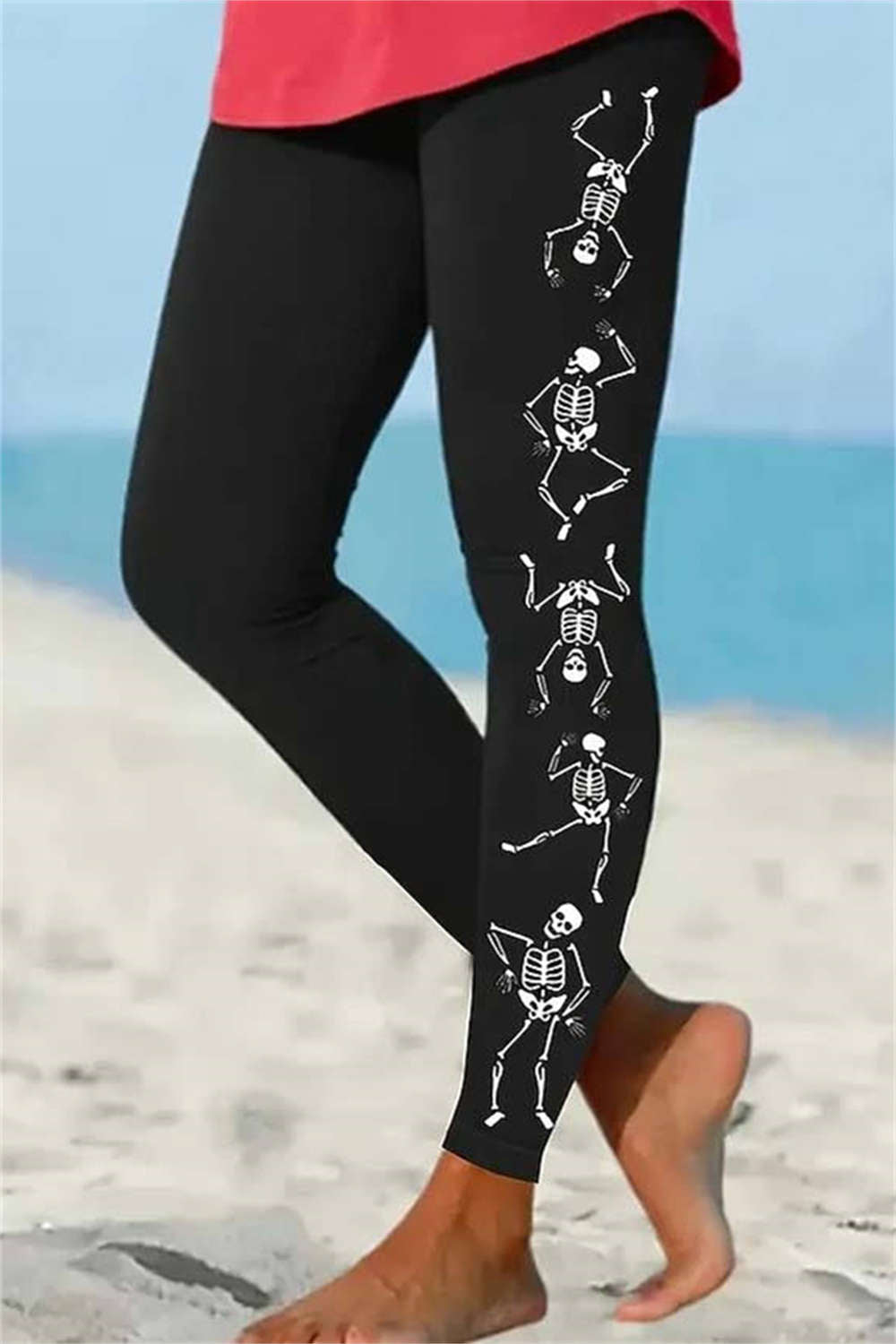 Eloise | Halloween-Inspired Black Skeleton Print Elastic Waist Ankle Length Leggings