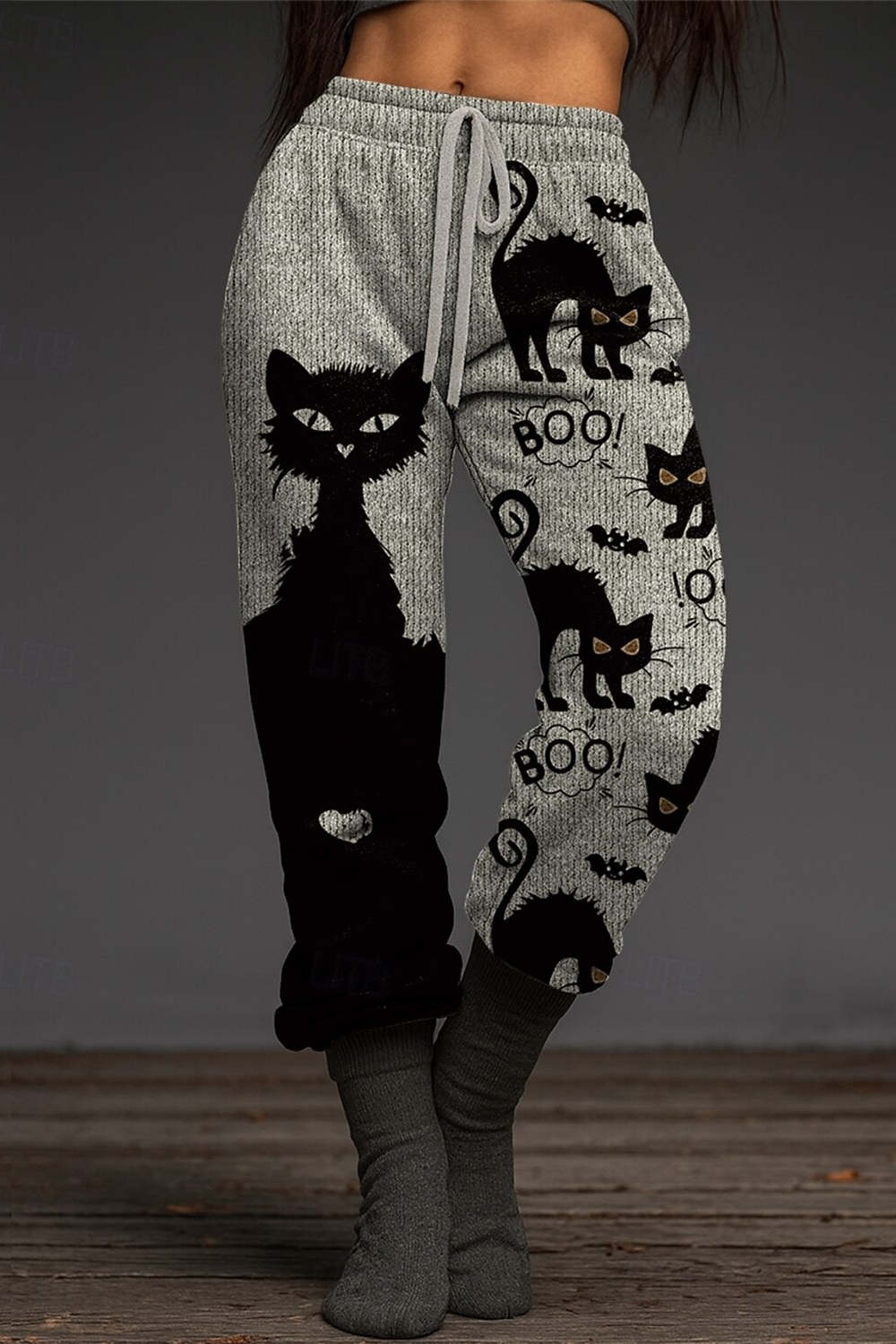 Vivienne | Halloween-Inspired Grey Black Cat Bat Print Drawstring Waist Jogger Pants