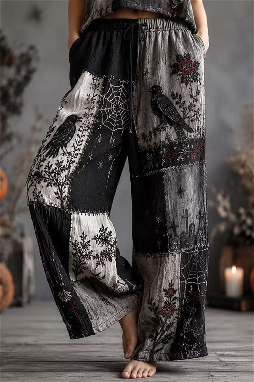 Vanessa | Halloween-Inspired Black Grey Patchwork Crow Rose Embroidery Drawstring Elastic Waist Wide Leg Pants