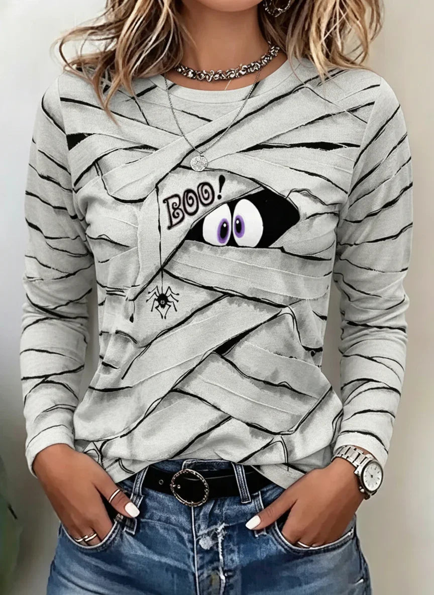 Carolina | Halloween-Inspired Mummy Boo Spider Print Round Neck Long Sleeve Slim Fit