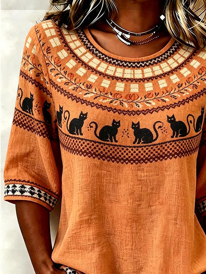 Carla | Vintage Round Neck Half Sleeve Halloween-Inspired Print Regular Micro-Elasticity Regular Fit Blouse For Women