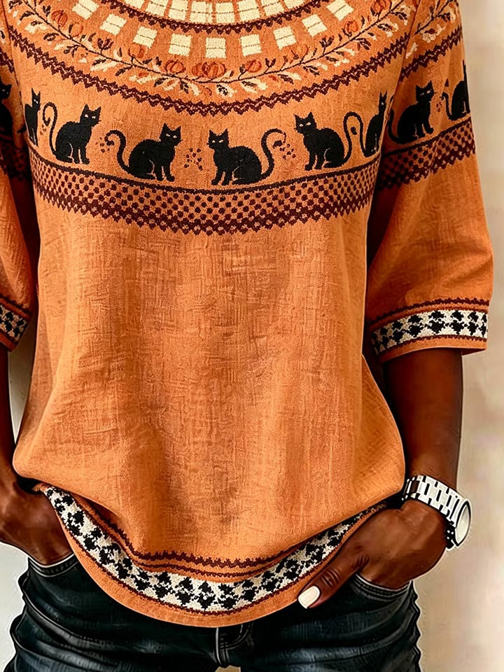 Carla | Vintage Round Neck Half Sleeve Halloween-Inspired Print Regular Micro-Elasticity Regular Fit Blouse For Women
