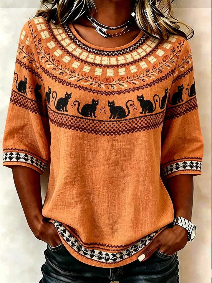 Carla | Vintage Round Neck Half Sleeve Halloween-Inspired Print Regular Micro-Elasticity Regular Fit Blouse For Women