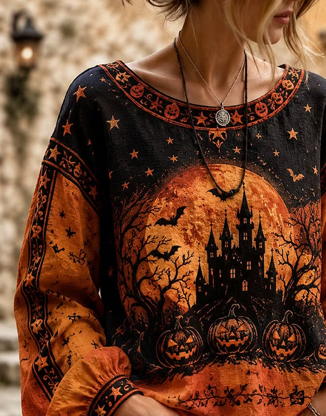Brielle | Halloween-Inspired Blouse Round Neck Long Sleeve Print Top