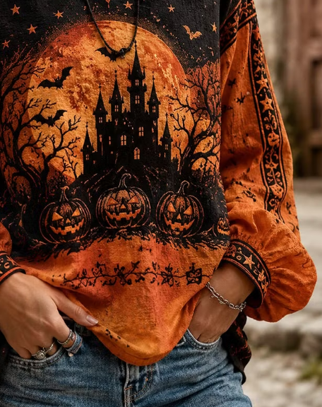 Brielle | Halloween-Inspired Blouse Round Neck Long Sleeve Print Top