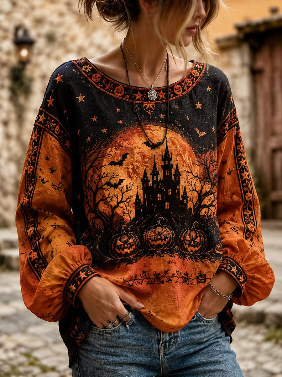 Brielle | Halloween-Inspired Blouse Round Neck Long Sleeve Print Top