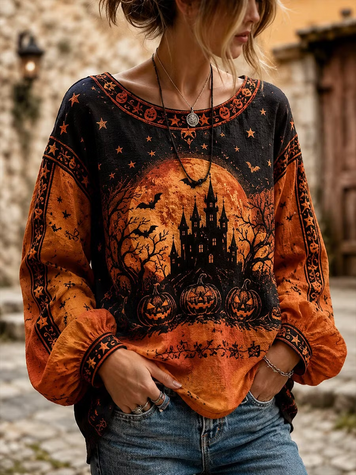 Brielle | Halloween-Inspired Blouse Round Neck Long Sleeve Print Top