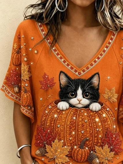 Cora | Halloween Casual Cat V Neck Short Sleeve T-shirt