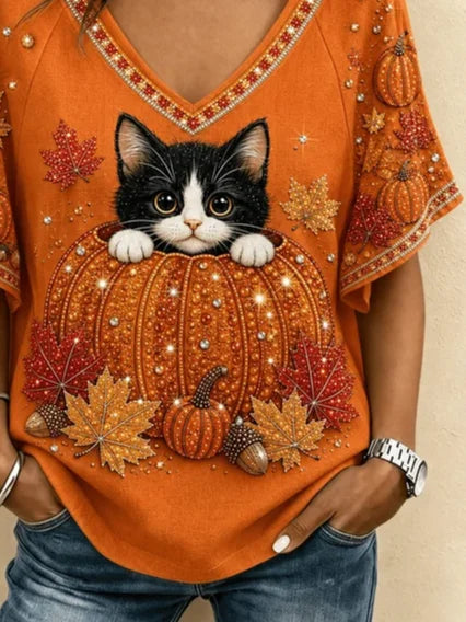 Cora | Halloween Casual Cat V Neck Short Sleeve T-shirt