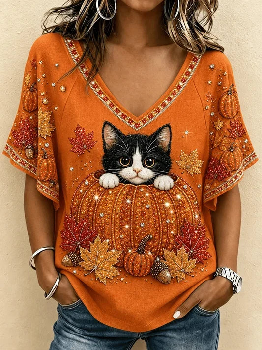 Cora | Halloween Casual Cat V Neck Short Sleeve T-shirt