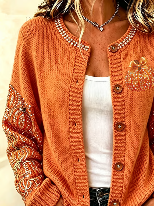 Maria | Halloween Pumpkin Pattern Long Sleeve Comfortable Vintage Print Cardigan