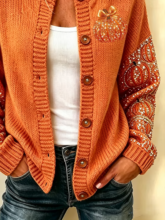 Maria | Halloween Pumpkin Pattern Long Sleeve Comfortable Vintage Print Cardigan