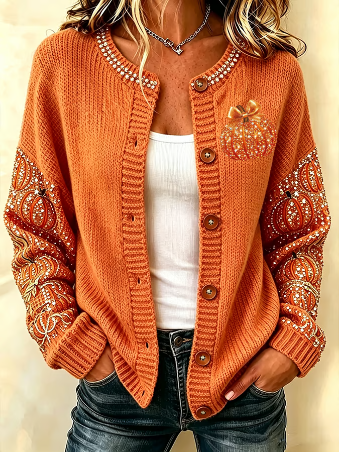 Maria | Halloween Pumpkin Pattern Long Sleeve Comfortable Vintage Print Cardigan