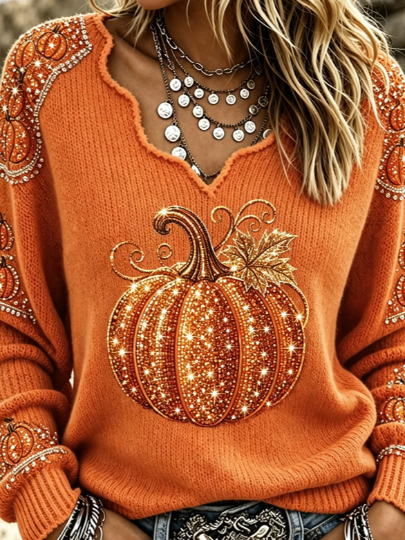 Julia | Halloween Vintage Pumpkin Pattern V Neck Long Sleeve T-shirt