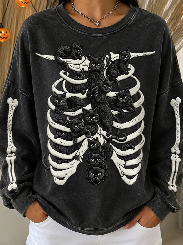 Maeve | Halloween Casual Cat Round Neck Long Sleeve Sweatshirt