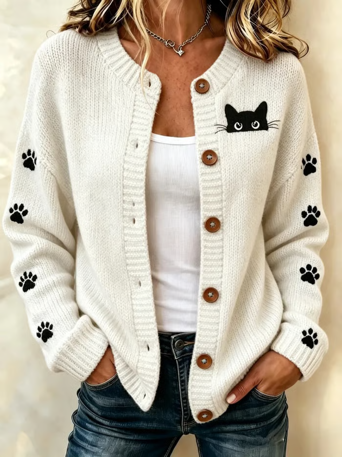 Kathleen | Halloween Cat Long Sleeve Comfortable Vintage Print Cardigan