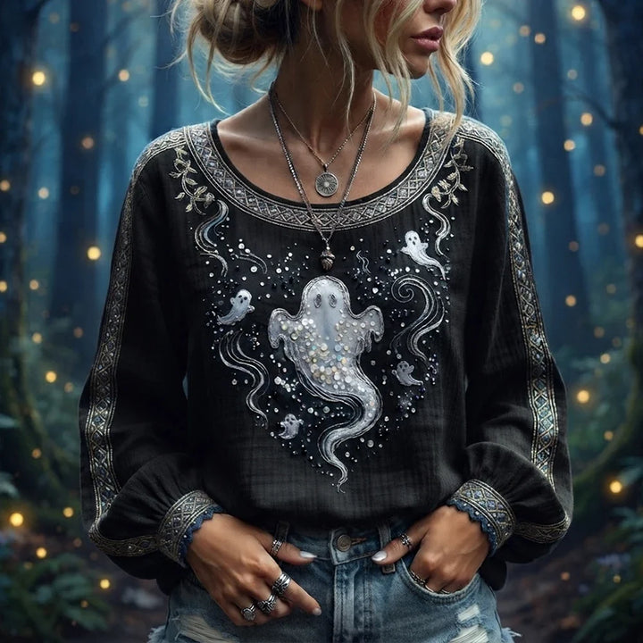 Esther | Halloween-Inspired Gothic Black Ghost Print Long-sleeve Top