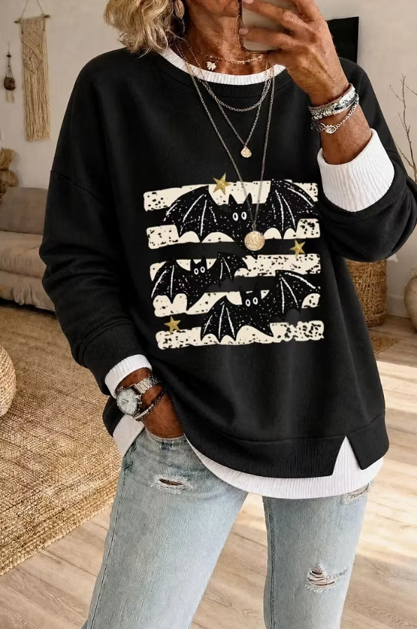 Jolene | Halloween Fake Two Piece Layered Bat Patterns Sweatshirt