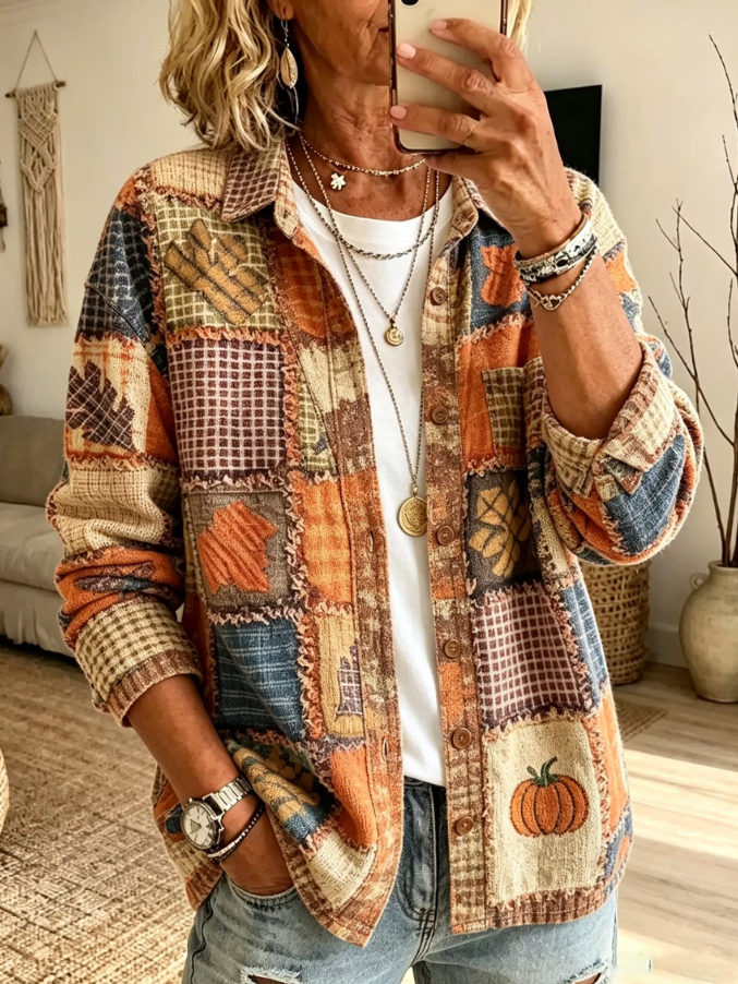 Joana | Halloween Casual Fall Patchwork Pumpkin Print Corduroy Long Sleeve Shirt