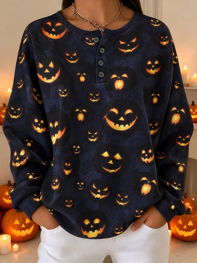 Madeline | Halloween Casual Pumpkin Pattern Henley Collar Long Sleeve Sweatshirt