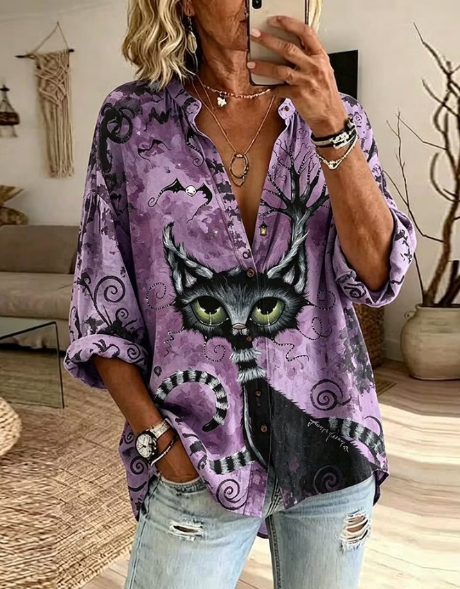 Keira | Retro Halloween-Inspired Black Cat Art Pattern Shirt