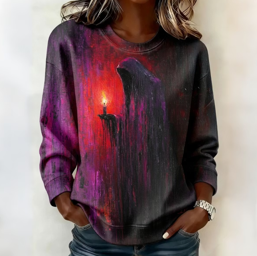 Wren | Retro Halloween-Inspired Ghost Candle Horror Pattern Round Neck Sweatshirt