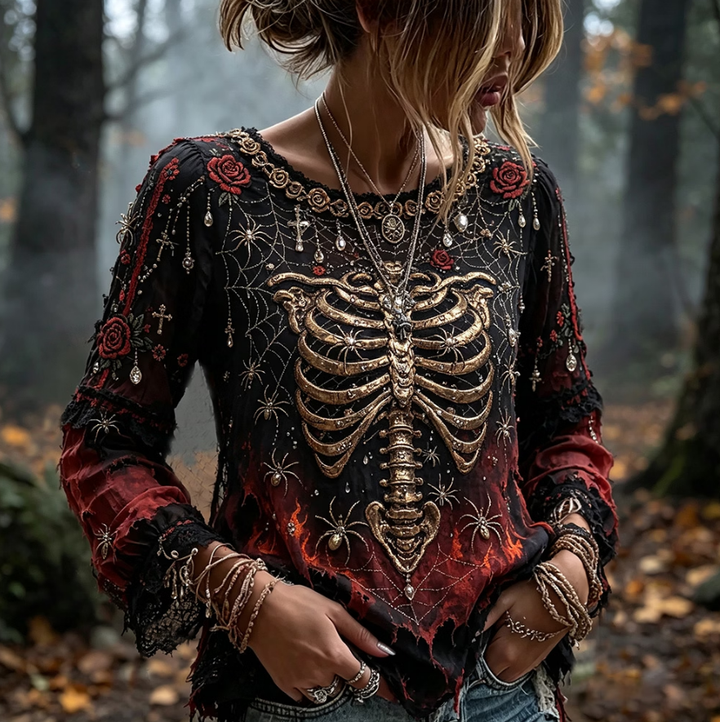 Lena | Halloween-Inspired Skull And Spider Art Distressed Gradient Crewneck Long Sleeve Top