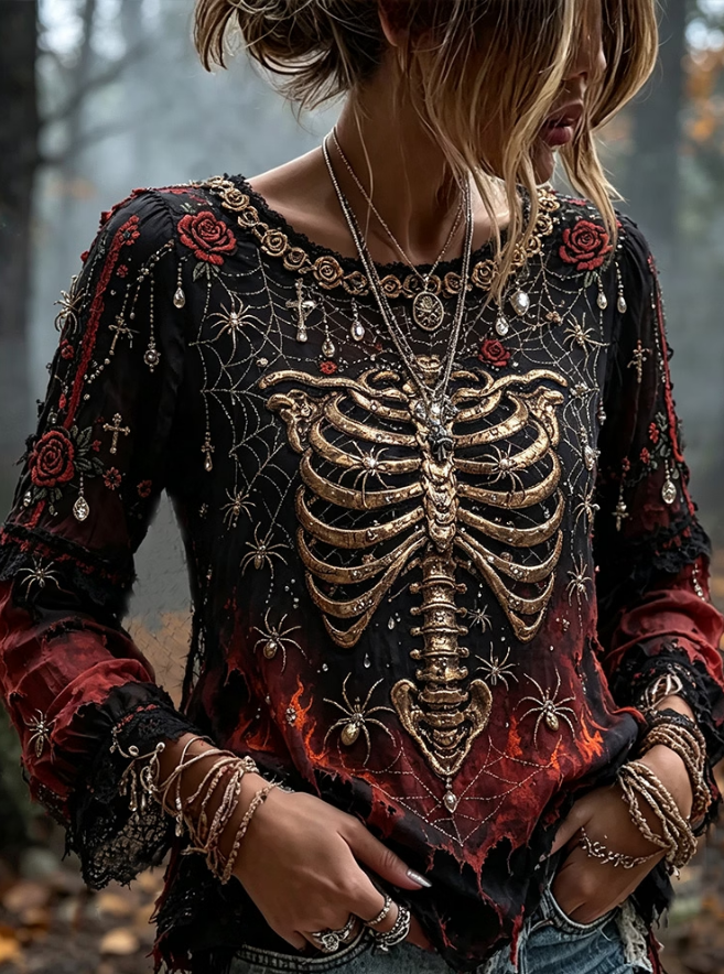 Lena | Halloween-Inspired Skull And Spider Art Distressed Gradient Crewneck Long Sleeve Top