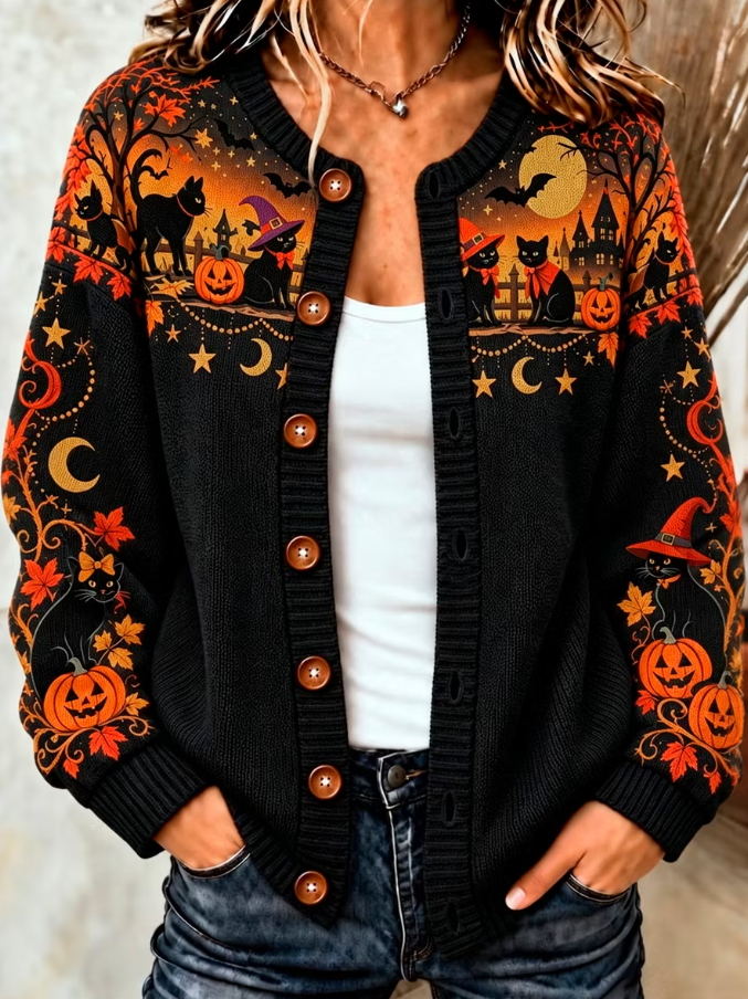 Leona | Halloween-Inspired Black Cat And Pumpkin Art Pattern Knit Cardigan