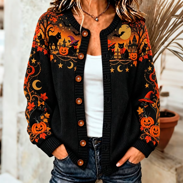 Leona | Halloween-Inspired Black Cat And Pumpkin Art Pattern Knit Cardigan