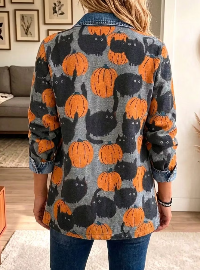 Liana | Lapel Button Halloween-Inspired Pumpkin Black Cat Denim Spliced Blazer Jacket