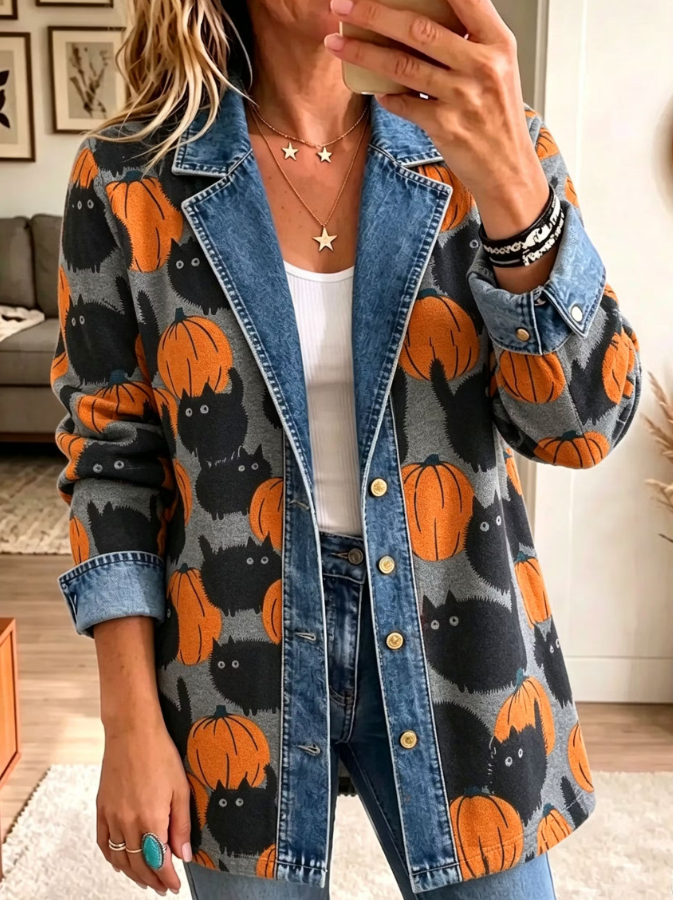 Liana | Lapel Button Halloween-Inspired Pumpkin Black Cat Denim Spliced Blazer Jacket