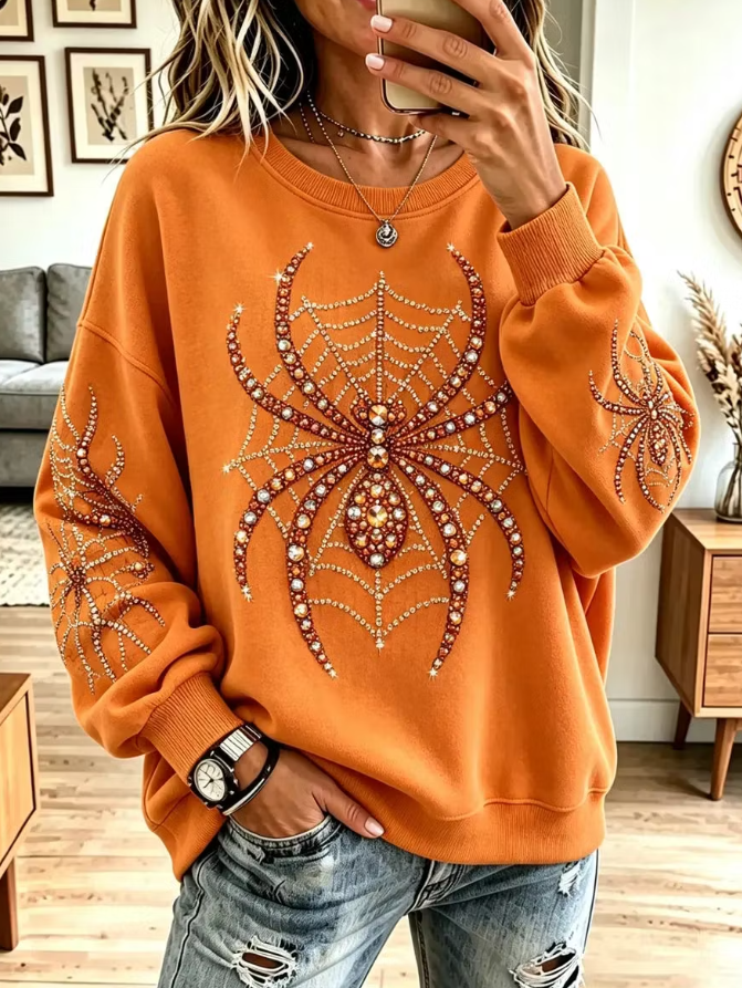 Lilia | Vintage Halloween-Inspired Spider Pattern Shiny Art Stylish Long Sleeve Sweatshirt
