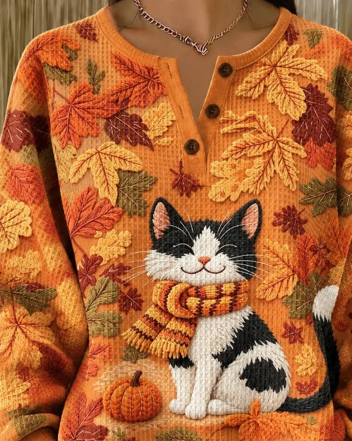 Luciana | Halloween Casual Cat Henley Collar Long Sleeve Sweatshirt