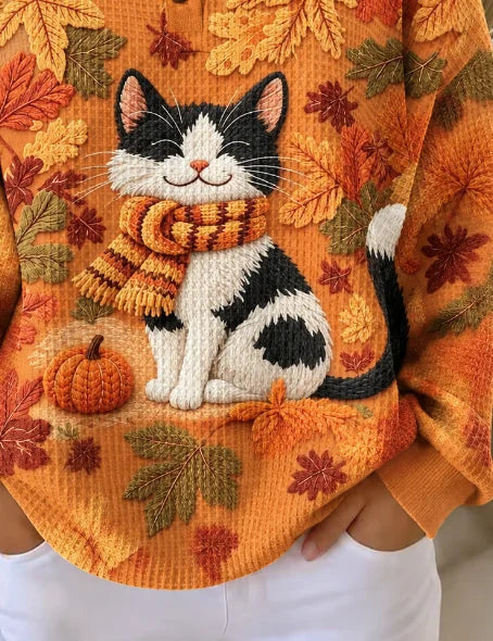 Luciana | Halloween Casual Cat Henley Collar Long Sleeve Sweatshirt