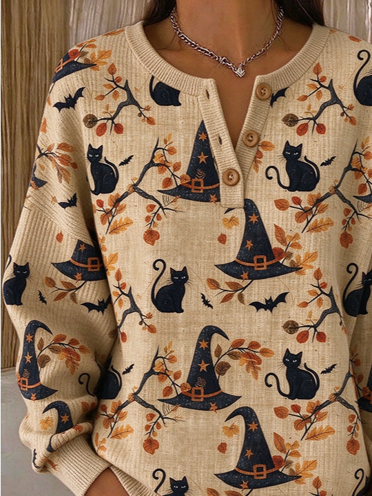 Lucille | Halloween Vintage Cat Henley Collar Long Sleeve Sweatshirt
