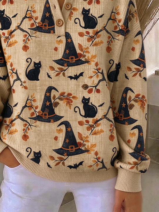 Lucille | Halloween Vintage Cat Henley Collar Long Sleeve Sweatshirt