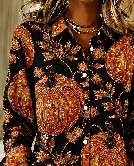 Louise | Halloween Pumpkin Pattern Vintage Shirt Shirt Collar Long Sleeve Top