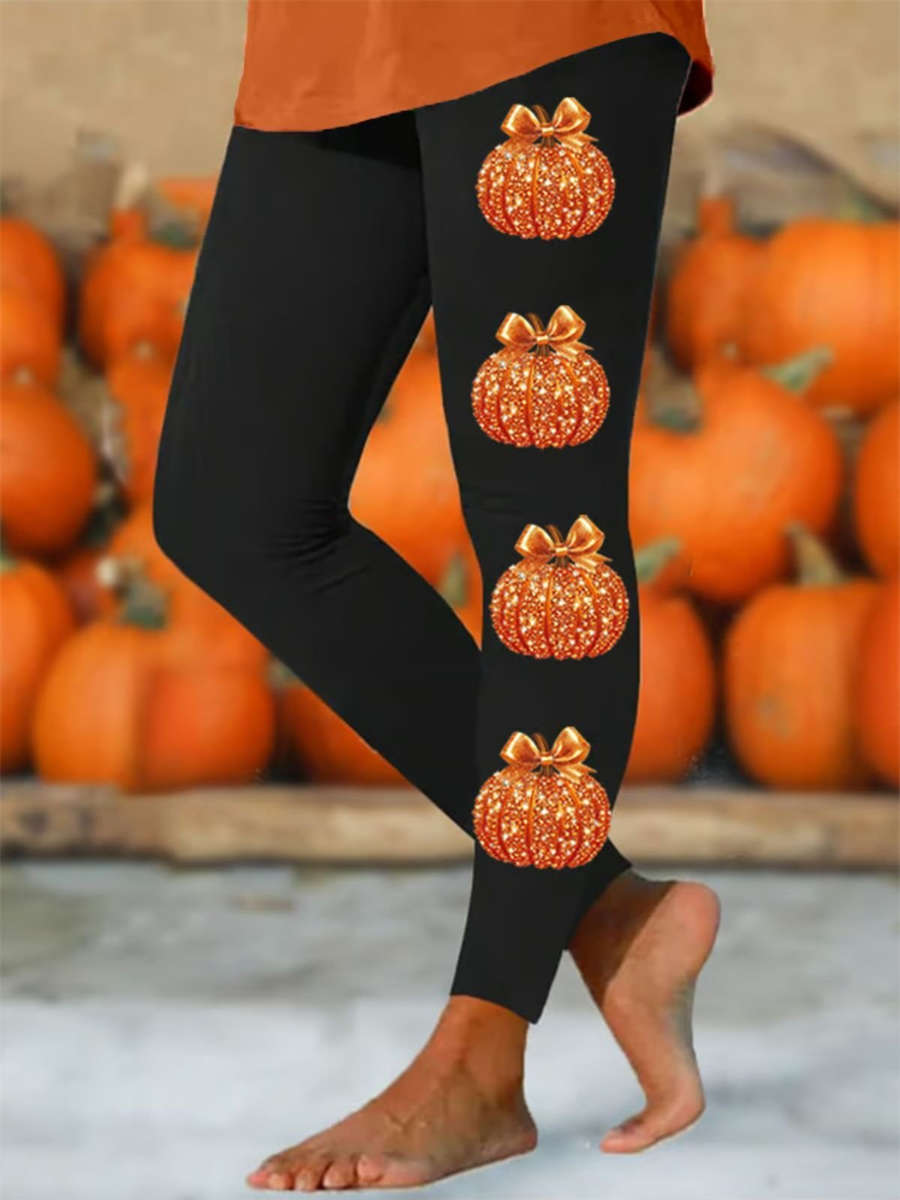 Adeline | Halloween-Inspired Black Bow Pumpkin Print High Waist Leggings