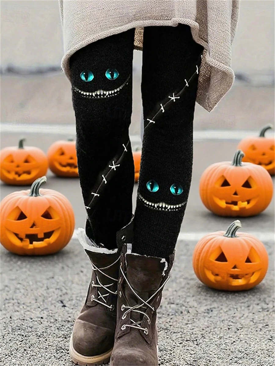 Sienna | Halloween-Inspired Black Monster Face Stitch Print High Waist Long Leggings