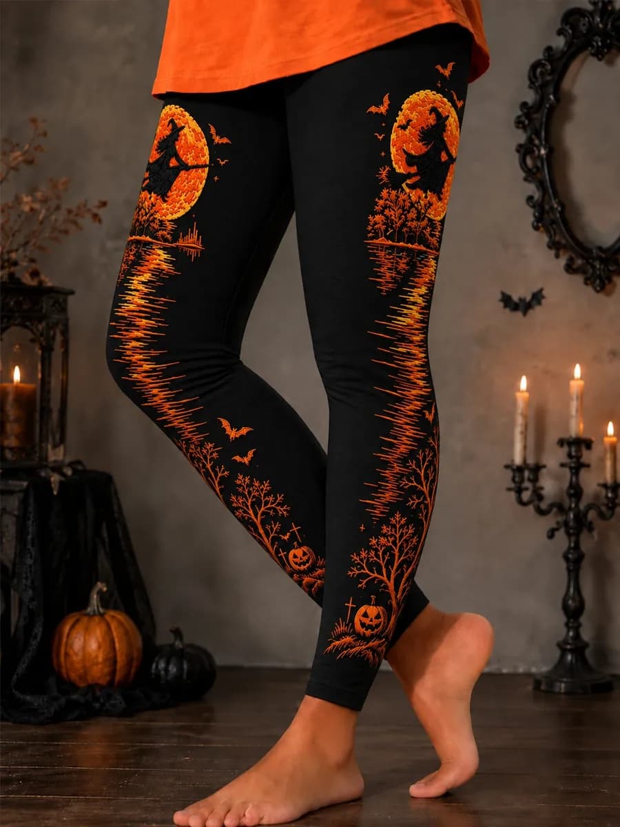 Ophelia | Halloween-Inspired Black Witch Moon Bat Pumpkin Print High Waist Long Leggings