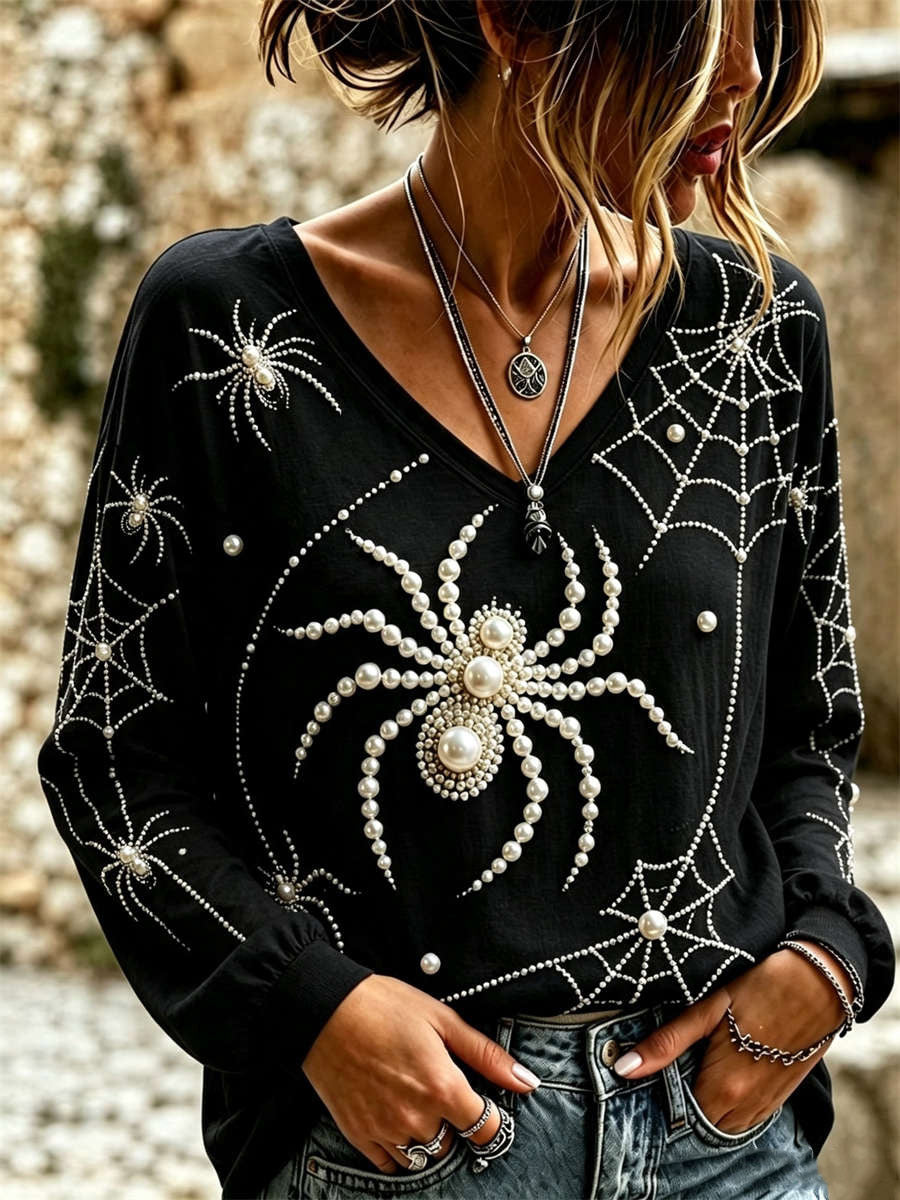 Matilda | Halloween-Inspired Black Spider Web Pearl Print V Neck Long Sleeve Blouse